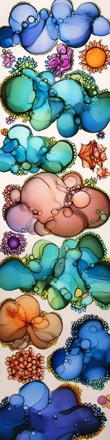 Free printable abstract cloud art bookmark featuring a small sun and jewel tone cloud art